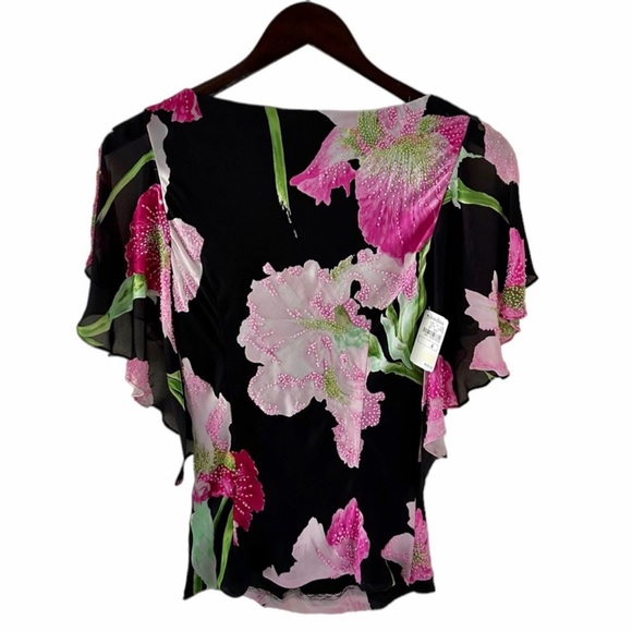 Carmen Marc Valvo Black Floral Print Draped Neck Embellished Silk Top Size 4 - Picture 6 of 8
